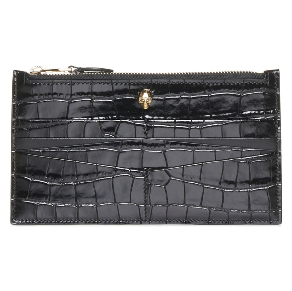 Alexander McQueen Flat Card  Wallet Zip Black Croc Design Skull Detail New COA